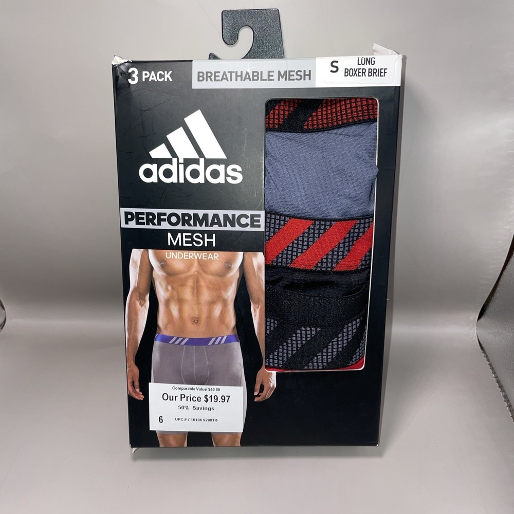 Adidas Men's Breathable Mesh 9" Tagless Long Boxer Brief Set of 3 Sz Small